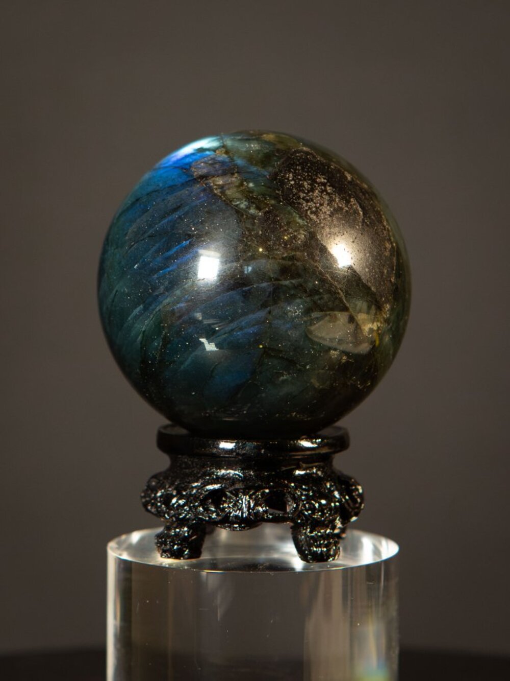 Natural 2.4” Flashy Labradorite Crystal Sphere Orb Ball + Black Stand